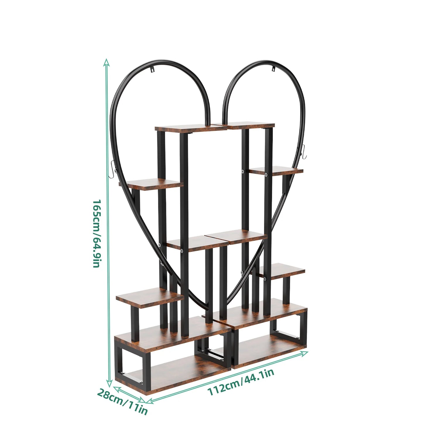 Half Heart Shape 6-Tier Stand for Indoor Plants, Black Painted Metal Frame with Wood Platforms, 2-Pack