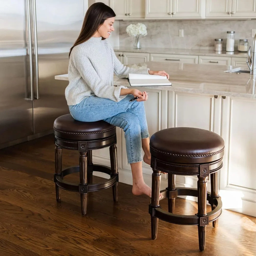 Bar Height Upholstered Backless Swivel Barstool in Dark Walnut Finish with Vintage Brown Vegan Leather Cushion Seat, Set of 4