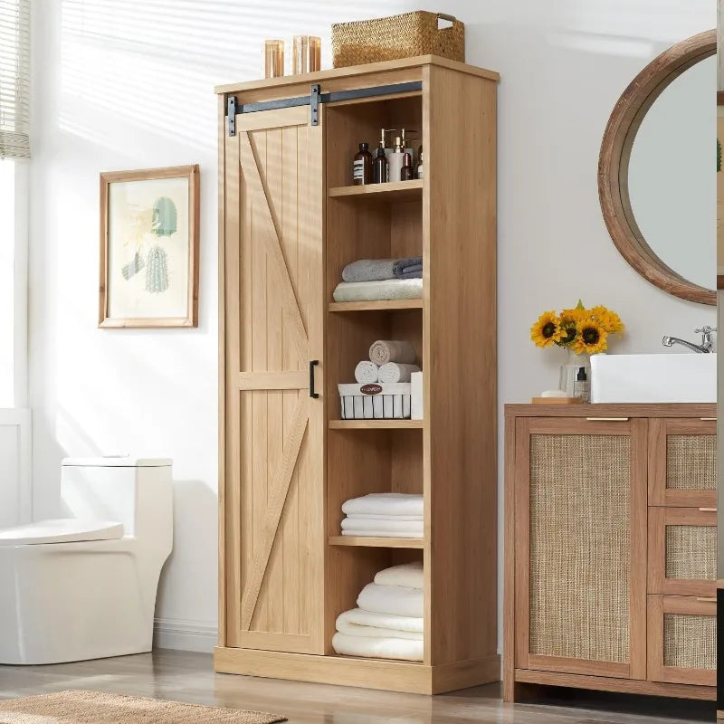 Kitchen Pantry Storage Cabinet 72", with Barn Style Sliding Doors, 4 Adjustable Shelves, Freestanding Cupboard, Tan