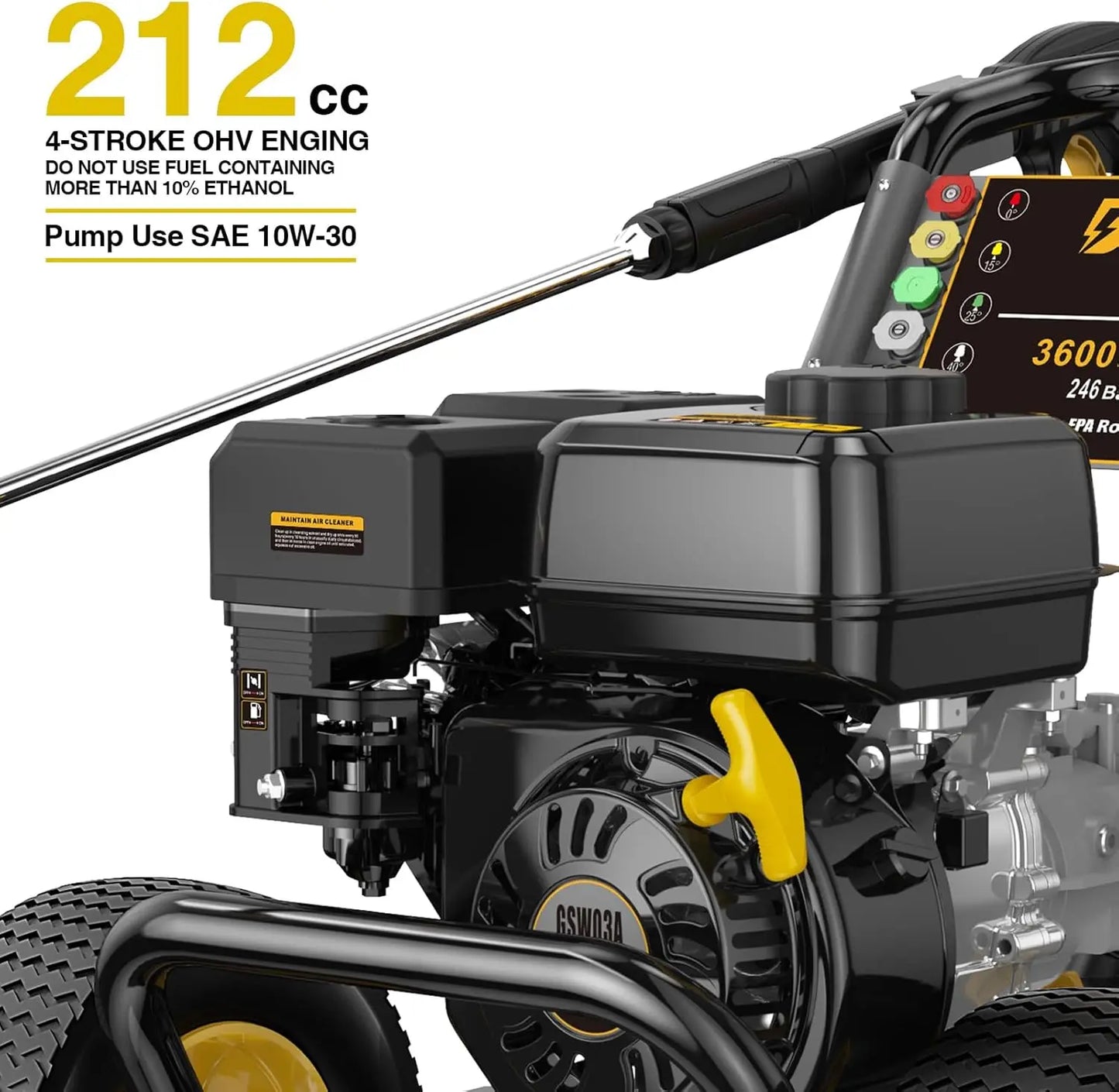 212 cc Gas Engine Pressure Washer 3600 PSI, 2.7 GPM, 30' Pressure Hose with Wand, 5 Quick-Connect Nozzles & 1-Gallon Soap Tank