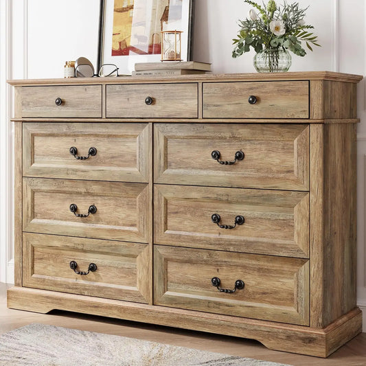 Farmhouse 9 Drawer Dresser for Bedroom with Natural Wood Grain, Antique Metal Finish Pull Handles & Waterproof Top