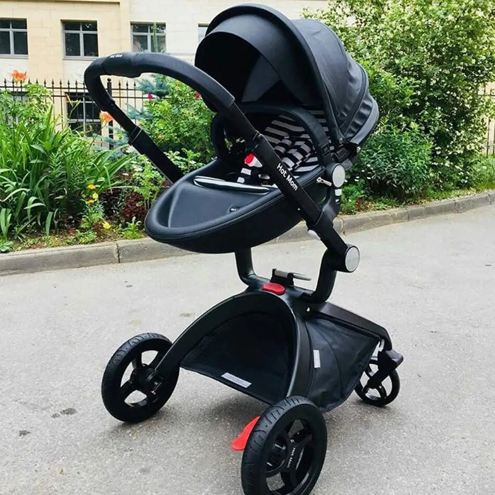 Luxury Baby Stroller with Adjustable Seat, Aluminum Frame, Solid Rubber Tires, Rain Cover, Mosquito Net & Large Storage Basket