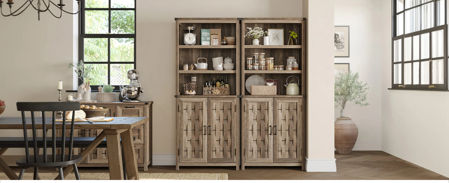 Pantry Storage Cabinet 72” Tall with 2 Doors, Removable & Adjustable 6-Tier Shelves, Farmhouse Style with a Unique Wicker-Inspired Design