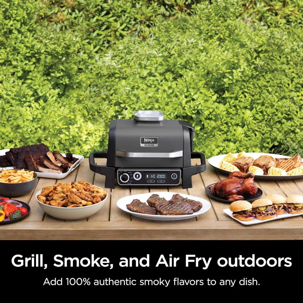 Electric Outdoor Woodfire Pro 7-in-1 Grill & Smoker with Built-In Thermometer, Woodfire Pellets Included