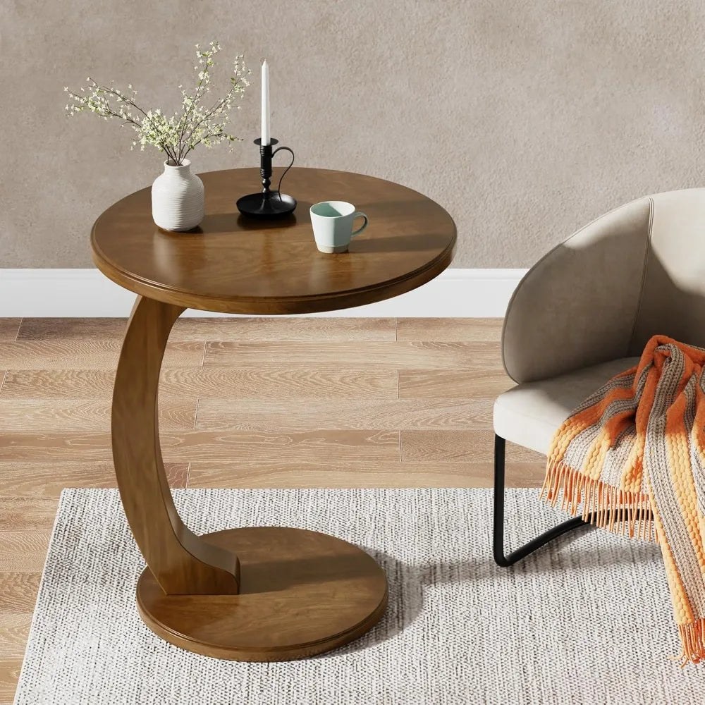 Vintage Industrial Design Wooden End Table, Round Tabletop & Base Connected with a C-Shaped Wood Leg