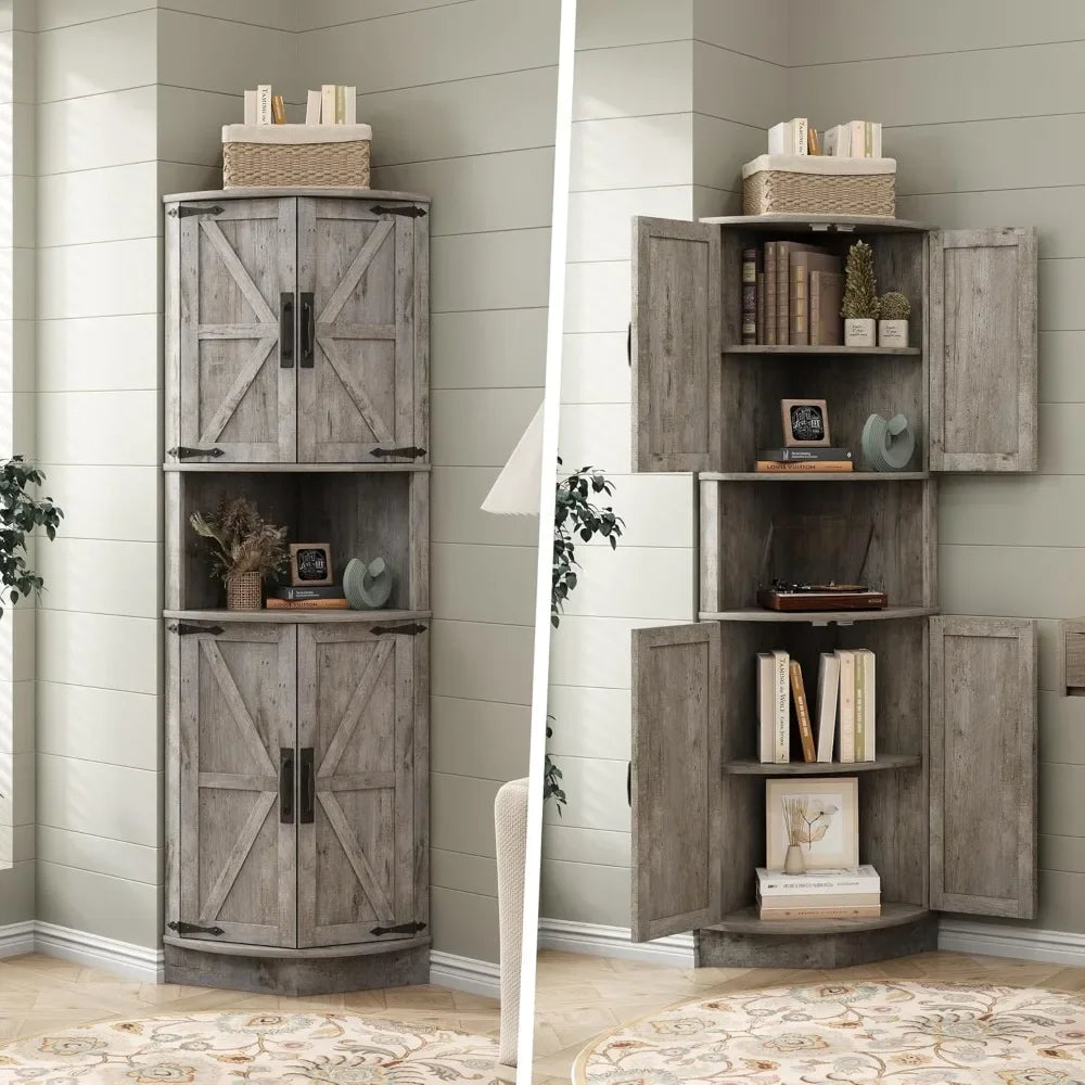 Space Saver Corner Cabinet with Right-Angle Design, 2 Enclosed Cupboards with 4 Barn Style Doors & Open Storage Shelf, Weathered Finish