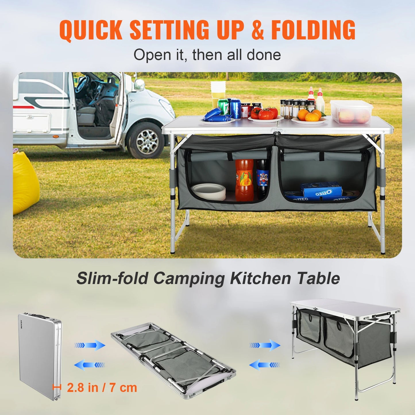 Adjustable Height Aluminum Camping Table with Zippered Storage Compartments, Folds in Half & Carry Handle for Travel