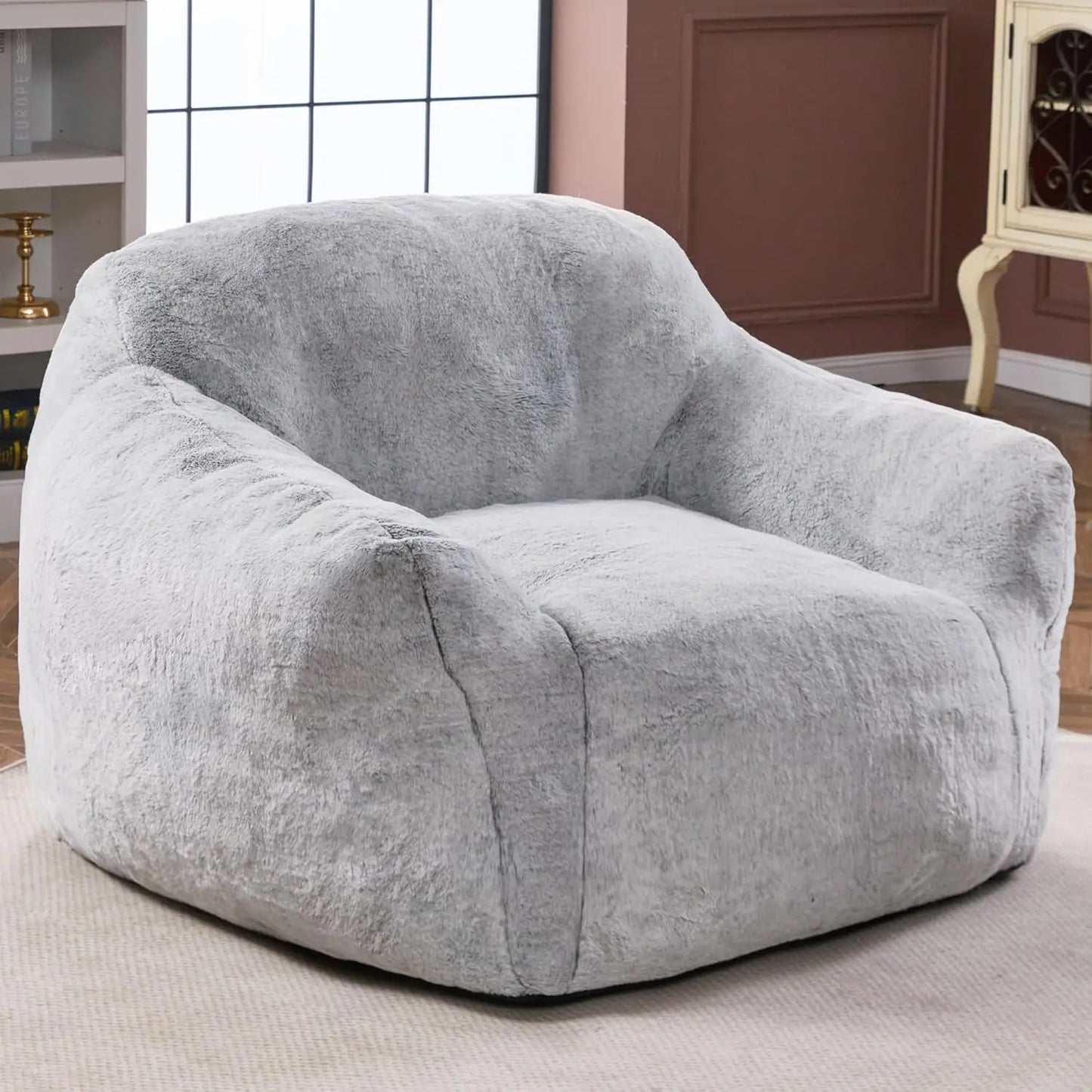 Beanbag Sofa Chair with Big Armrests & Ergonomic Thick Backrest, Soft Faux Fur Cover, High-Density Foam & Non-Slip Bottom Fabric