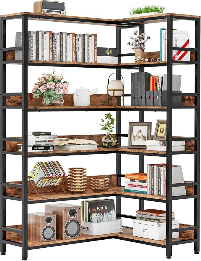 Metal Frame Industrial Bookshelves, 78" Tall 6-Tier Corner Bookcase with 12 Shelves & Wood Baffles