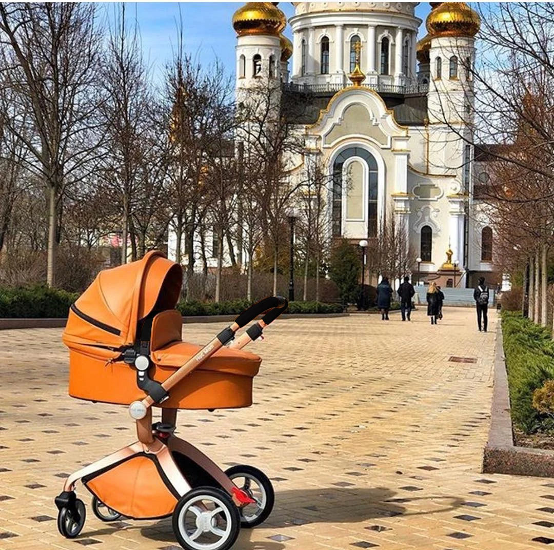 Luxury Baby Stroller with Adjustable Seat, Aluminum Frame, Solid Rubber Tires, Rain Cover, Mosquito Net & Large Storage Basket