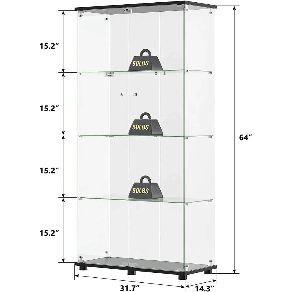 Floor Standing Glass Display Cabinet with 4 Tempered Glass Shelves, Double Lockable Doors & Adjustable Base Stand