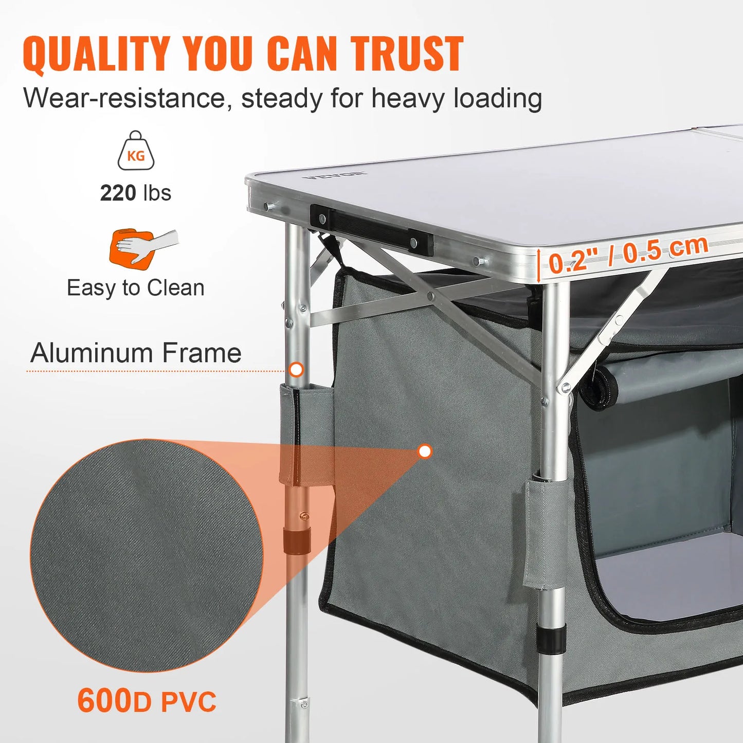 Adjustable Height Aluminum Camping Table with Zippered Storage Compartments, Folds in Half & Carry Handle for Travel