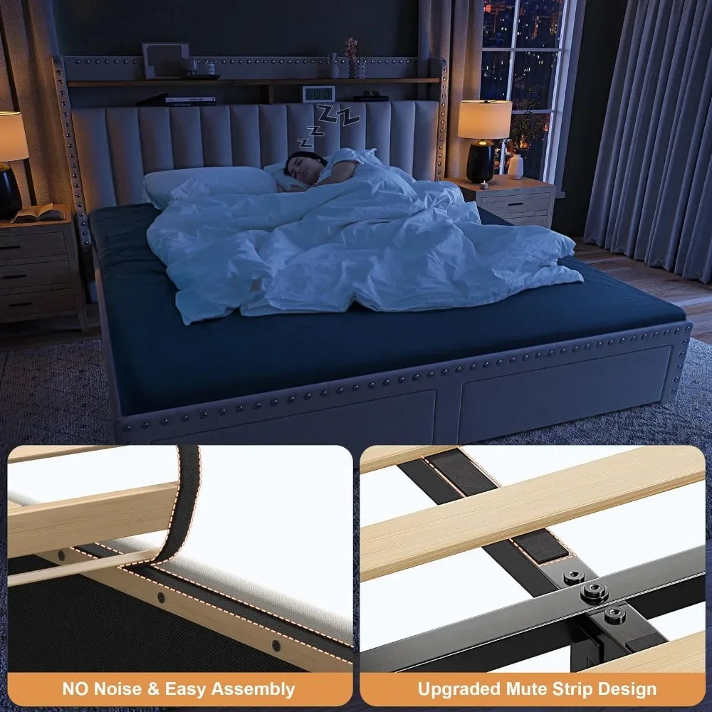 Queen Size Bed Frame with 2 Roll Out Drawers, Upholstered Headboard & Storage, No Box Spring Needed