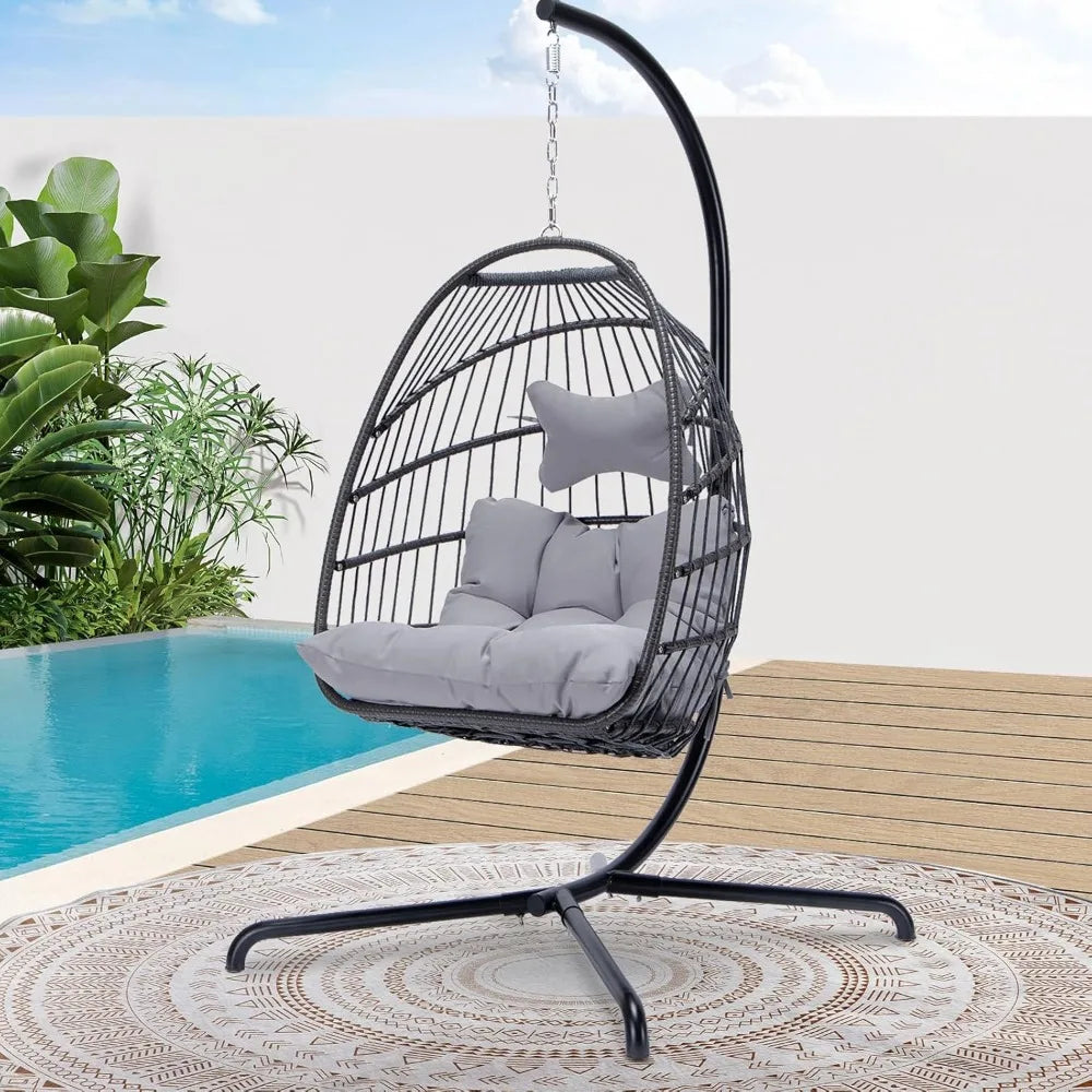 Double Swing Egg Chair with Aluminum Frame Wrapped in Poly-Resin Wicker, Adjustable Suspension Chain, Removable Seat Cushion Cover & Head Pillow