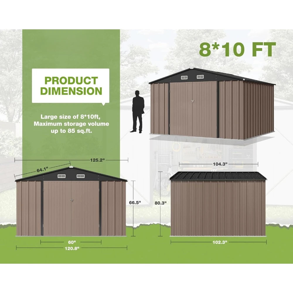 Outdoor Storage Shed 10'x 8' with Sturdy Beams & Bolt Shells, Brown