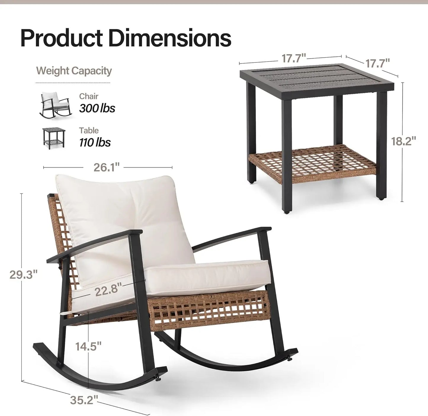 Patio Rattan Rocking Chairs & Table, Sturdy Metal Framed Chairs with Thick Cushions & Wood Texture Top Table with Lower Storage Shelf