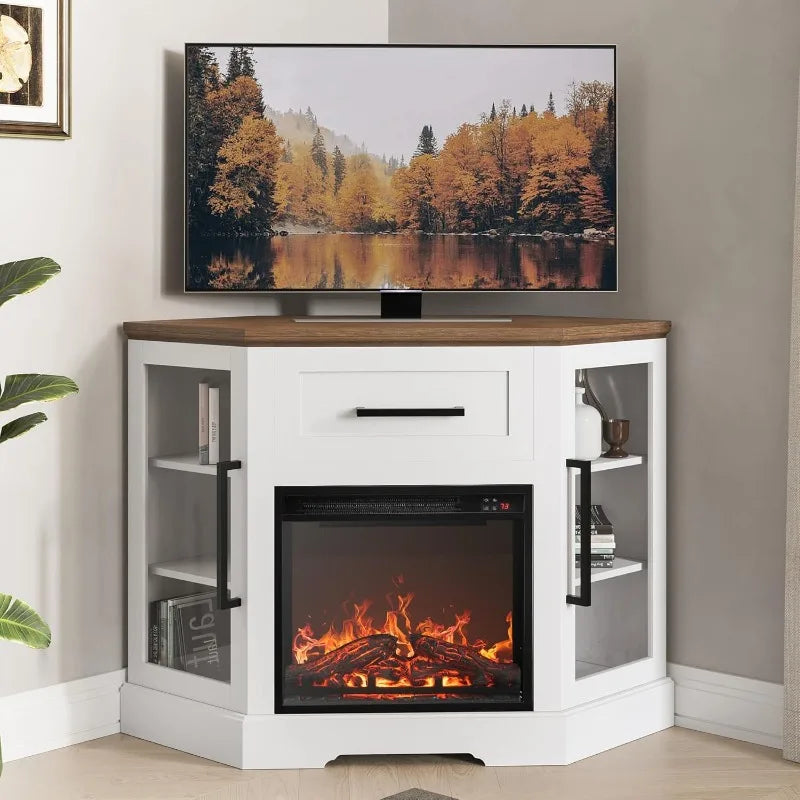 Corner Wood Entertainment Center with 18" LED Display Electric Fireplace Heater, 2 Glass Door Cabinets & 1 Pull-Out Drawer, For TVs up to 43"