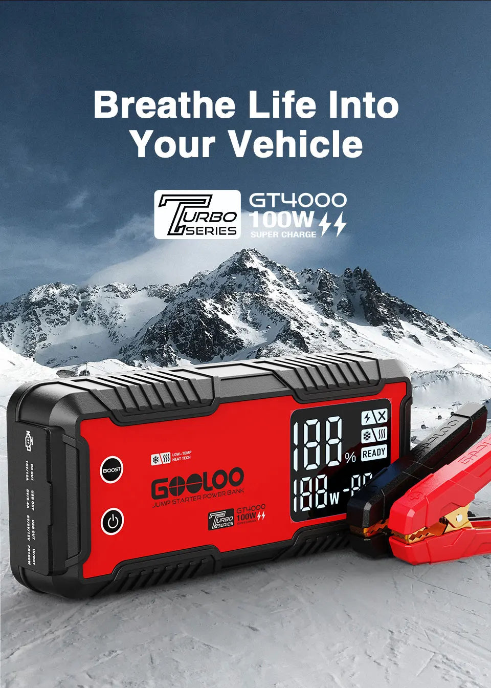 Automobile Jump Starter with 24000 mAh Power Bank, PD 100W Fast Charging, 3 LED Light Modes & 3.2” LED Screen, Operates at -40°F