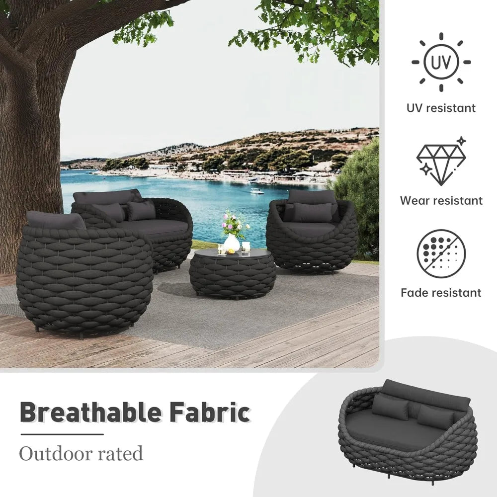 Outdoor Terrace 4-Piece Sofa Set with Aluminum Frame, Handwoven Polyester Braided Ropes, Sintered Stone Tabletop & Zippered Cushions