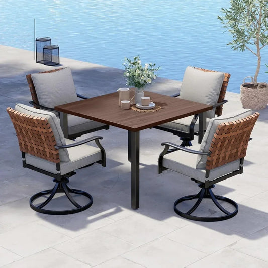 Outdoor Dining 5-Piece Set, 4 Leather-Style Wicker Swivel Patio Chairs & 1 Square Woodgrain Dining Table, 360° Swivel & 15° Gentle Rocking