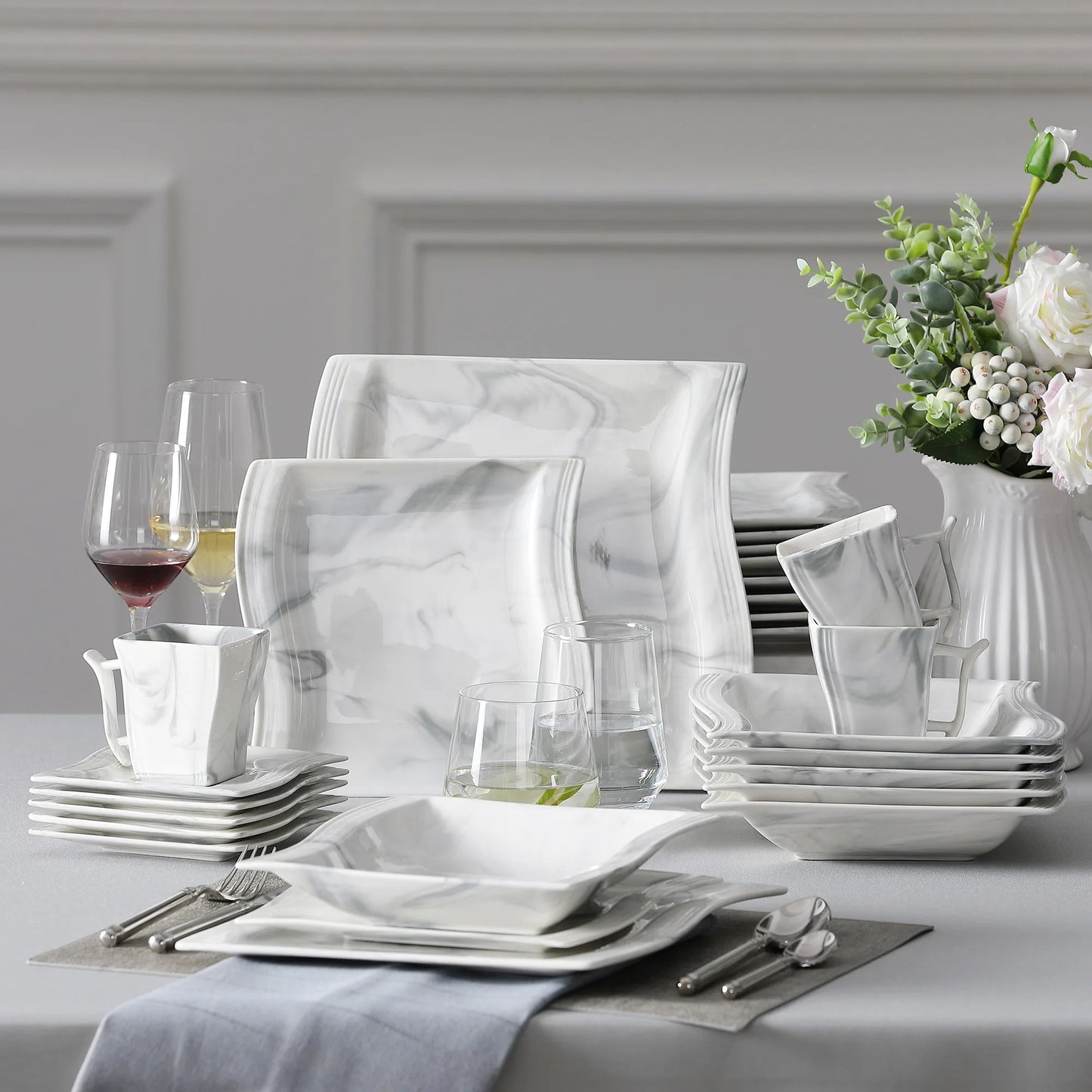 Marble Porcelain Dinnerware Set, Made of Quality Stoneware Porcelain, Microwave & Dishwasher Safe, 30pc or 60pc Sets