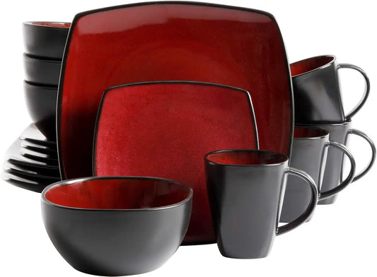 Dinnerware Set, Stoneware/Double Reactive Glaze Red & Black, 16pcs