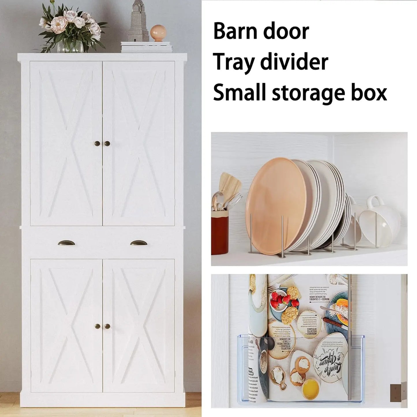 Kitchen Pantry Storage Cabinet 72", with Barn Style Doors, Drawer, 3 Adjustable Shelves, Freestanding Cupboard, White