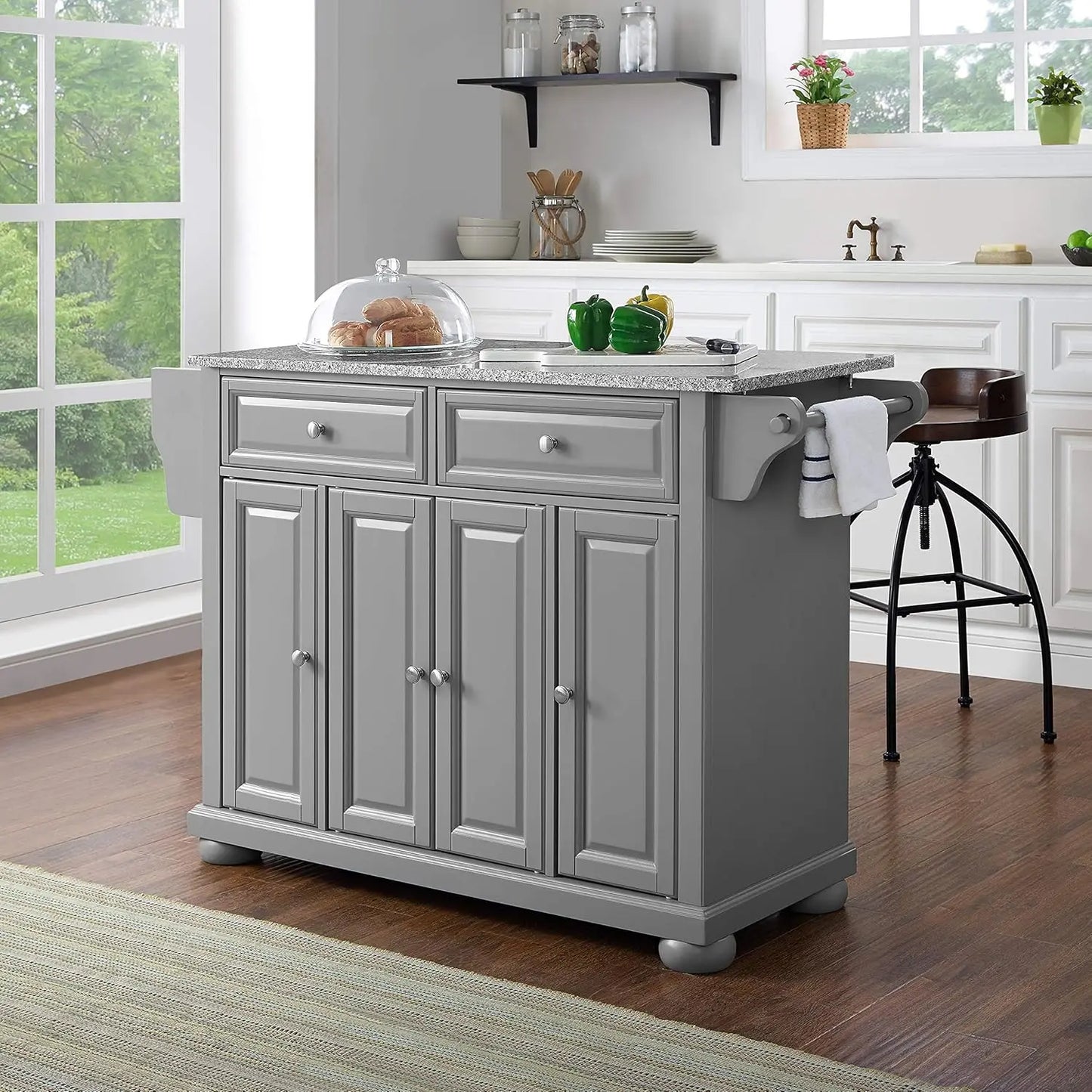 Granite Top Kitchen Island Rolling Storage Cart with 4 Cabinet Doors, 2 Drawers, Built-in Spice Rack, Towel Bar & Paper Towel Holder