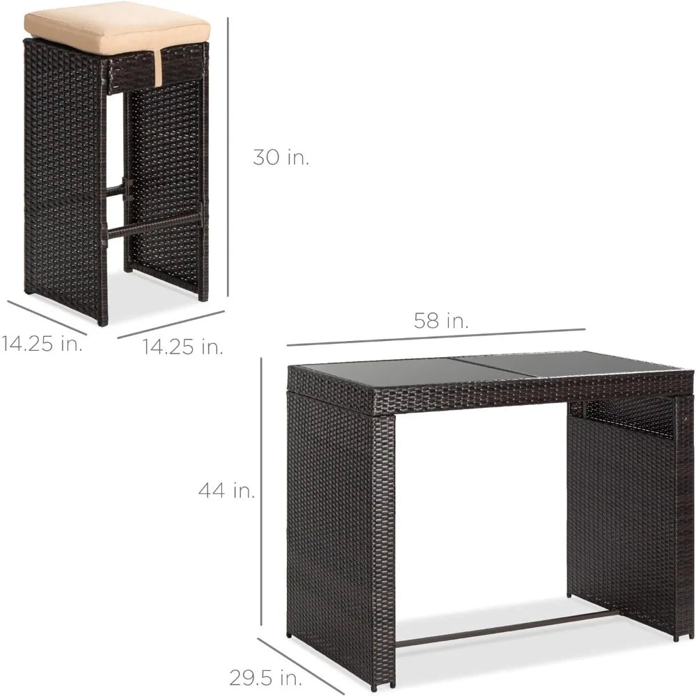 Outdoor Rattan Wicker Bar Furniture 7-Piece Set, Glass Top Table & 6 Stools, Space-Saving Design; Stools Slide Under the Table