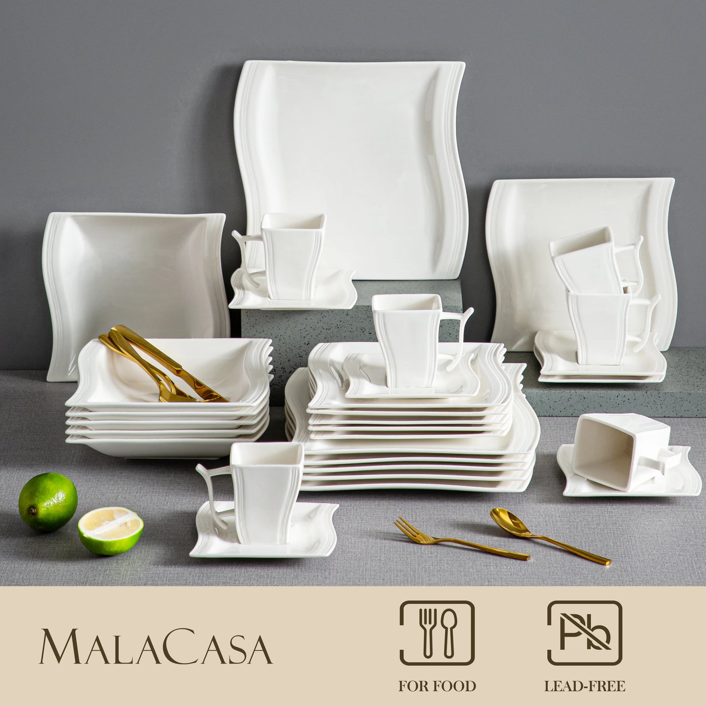 Ivory White Stoneware Ceramic Dinnerware Set, Microwave, Dishwasher & Freezer Safe, 30 or 60 Pieces