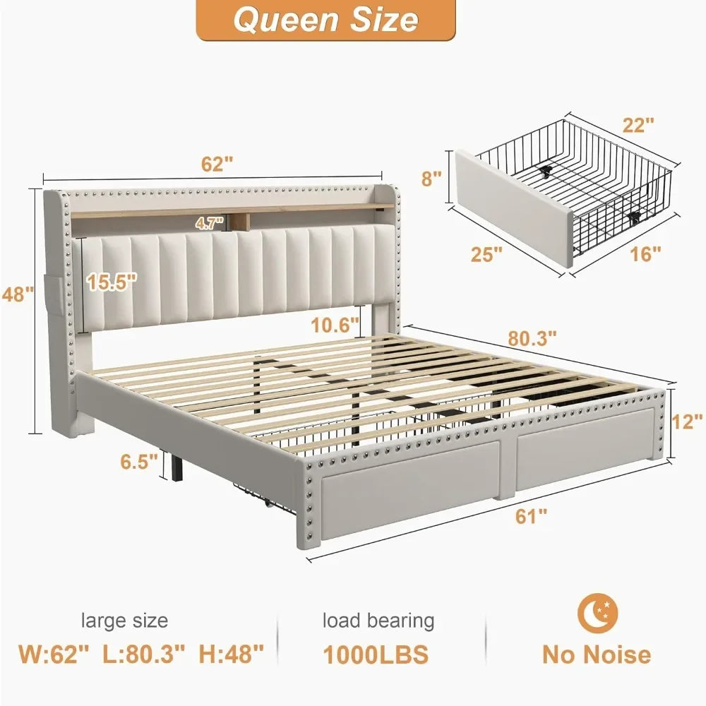 Queen Size Bed Frame with 2 Roll Out Drawers, Upholstered Headboard & Storage, No Box Spring Needed