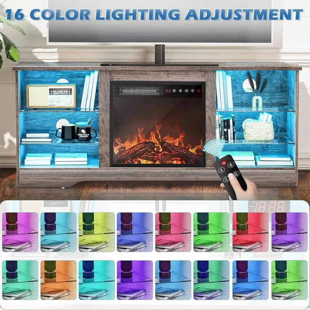 Fireplace TV Stand with 5 Flame Settings, 16 Color LED Lights, 2 Glass Door Cabinets with 2 Adjustable Shelves, Modern Entertainment Center