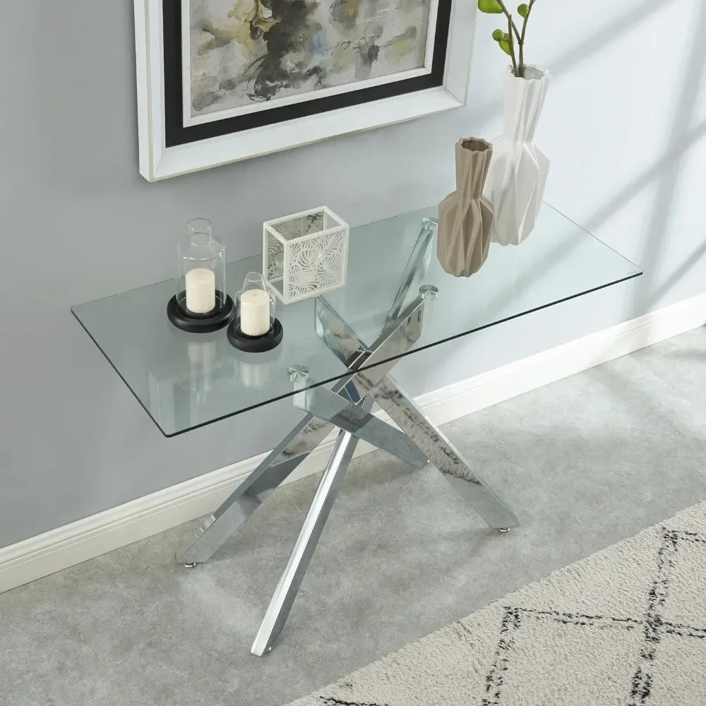 Geometric Design Narrow Sofa Table with 8mm Thick Tempered Glass Top & Metal Tubular Legs