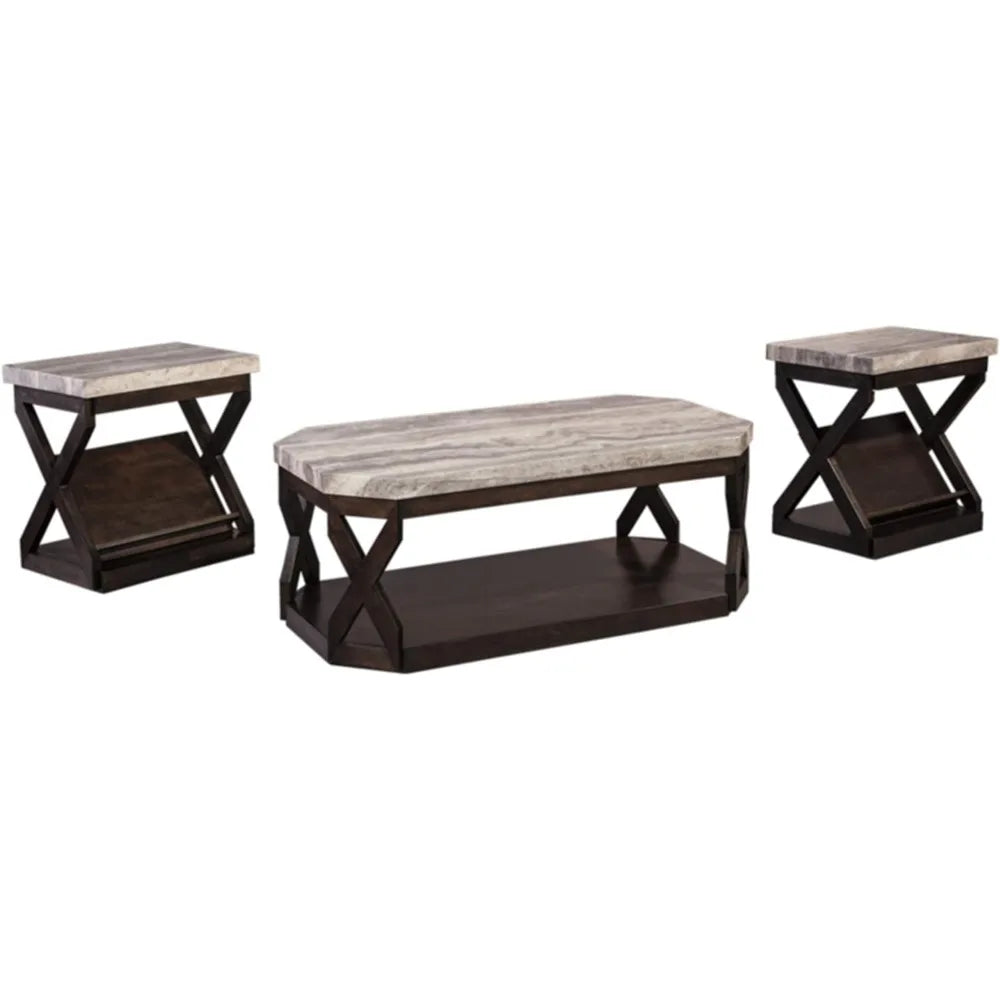 Faux Marble 3-Piece Table Set, Includes Coffee Table & 2 End Tables with Built-In Magazine Shelves