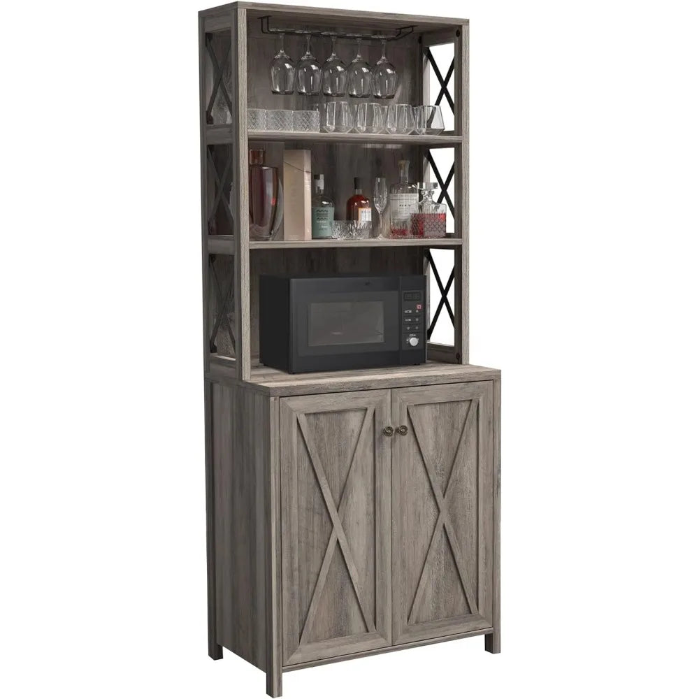 Bar Cabinet with Wine Glass Rack, Open Storage Shelves & Adjustable Shelf Behind Doors