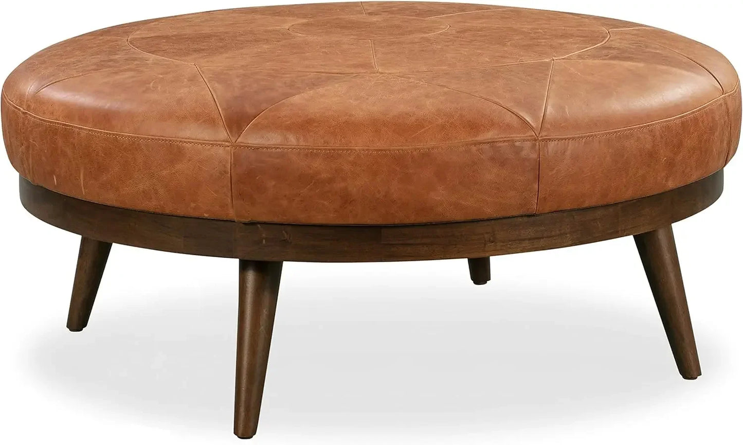 Modern Full-Grain Leather Ottoman with Tapered Solid Wood Legs, Non-Skid Rubber Foot Pads & High-Density Foam Filling