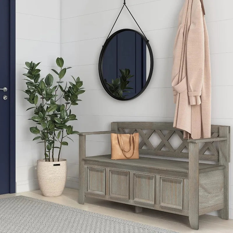 48" Wide Entryway Bench with Hidden Storage Compartments under a Safety Hinge Lift Top, Framed Square Front Panels & X Design Backrest