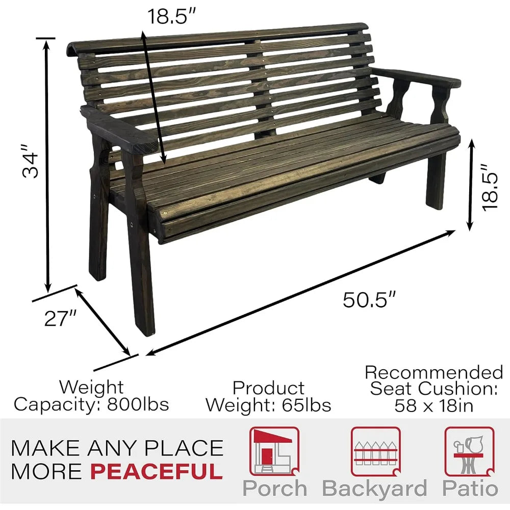 Heavy Duty 4'  Roll Back Outdoor Bench in Dark Walnut Stain, Kiln-Dried Pressure Treated Pine for Outdoor Durability