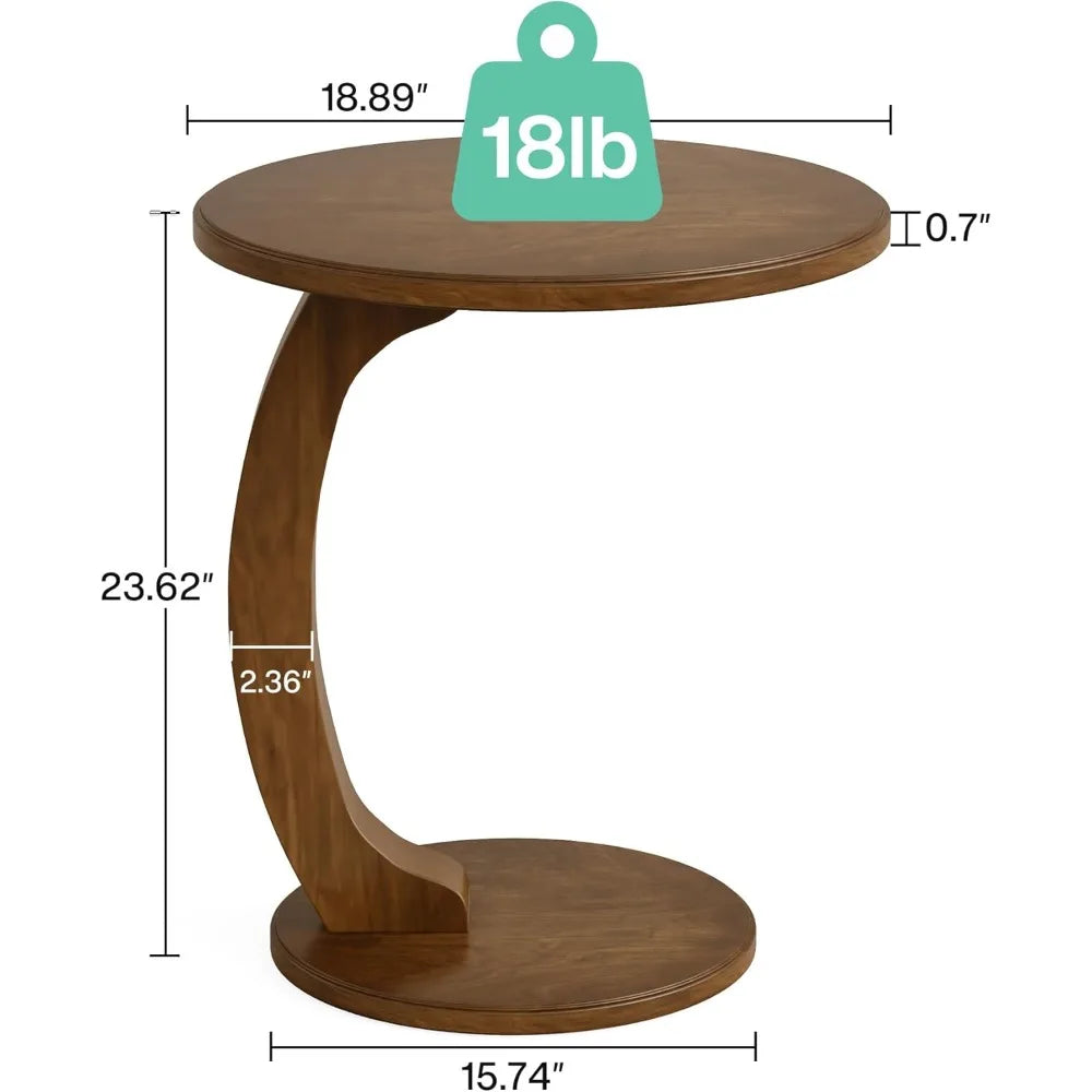 Vintage Industrial Design Wooden End Table, Round Tabletop & Base Connected with a C-Shaped Wood Leg