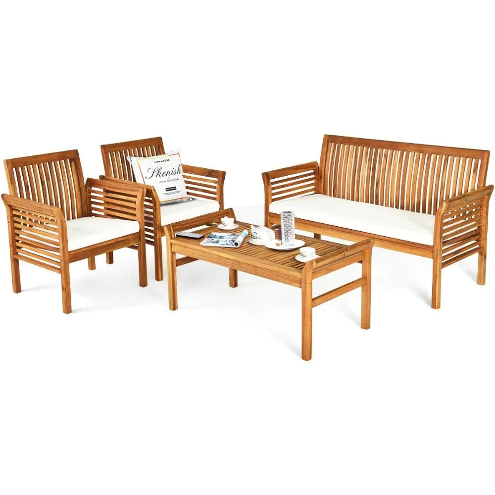 Acacia Wood 4 Piece Sofa Set; Coffee Table, 2 Single Chairs & Loveseat with Removable Covered Cushions