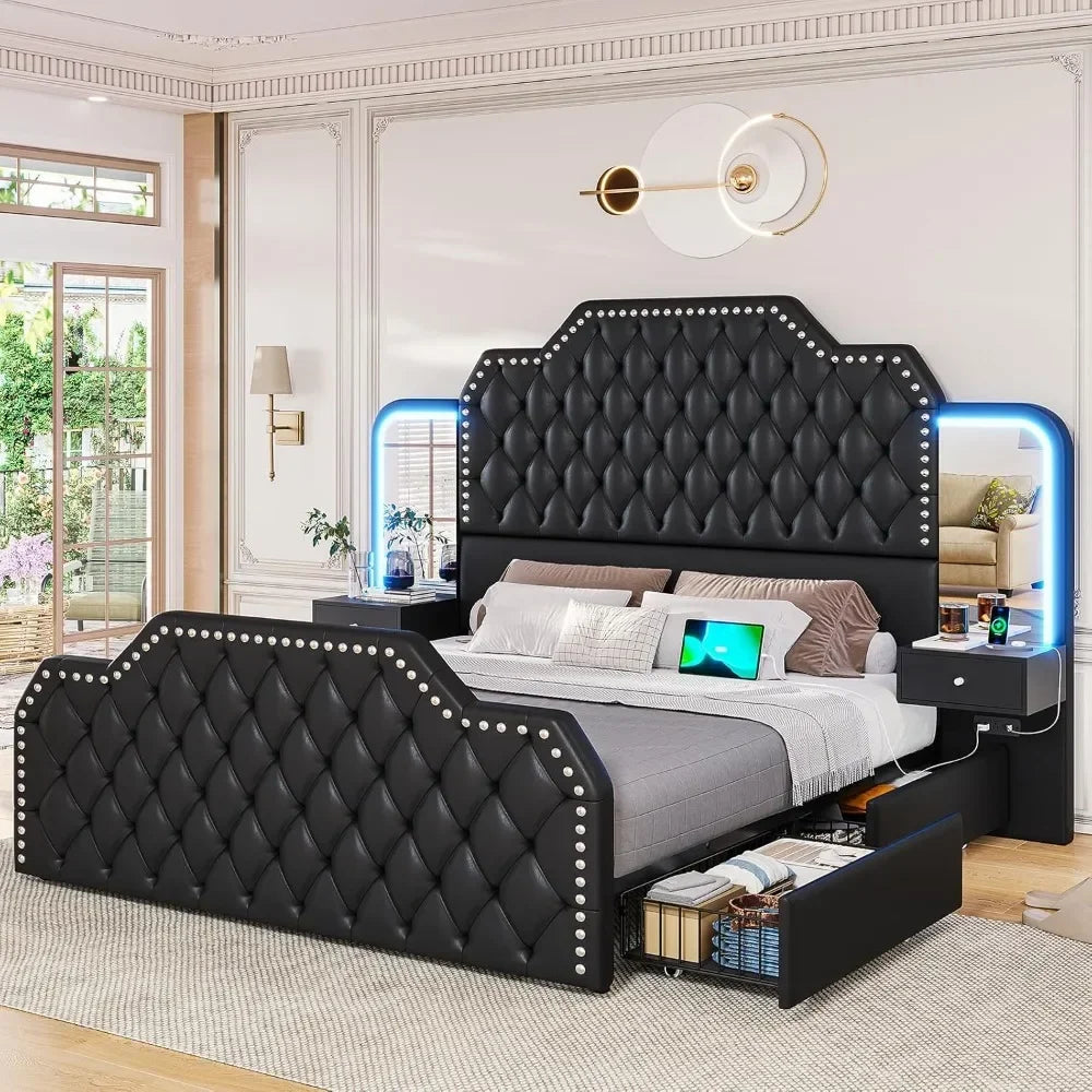 Queen Size 53” Tall Platform Bed Frame with 4 Under the Bed Storage Drawers, Built-in Charging Station, RGB LED Headboard Lights & 2 Mirrors