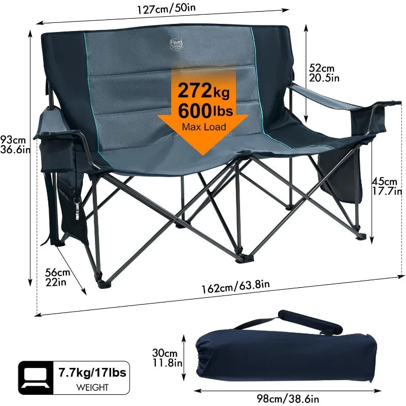 Foldable 2 Person Camping Chair with Higher Seating Height, Side Pockets, Cup Holders, Wine Glass Holder & Bottle Opener