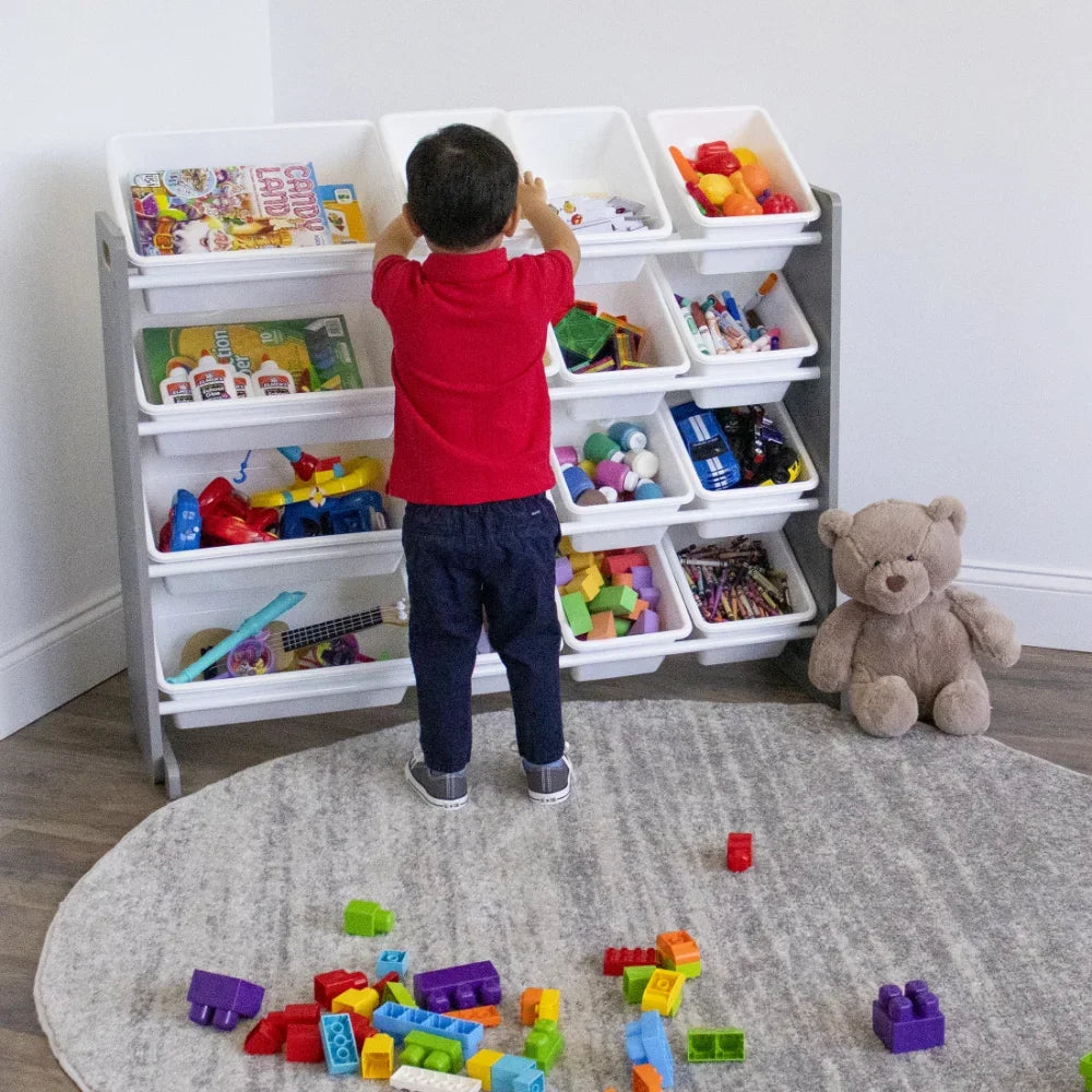 Kids Natural Wood Toy Storage Organizer with 4 Tiered Shelves & 16 White Plastic Storage Bins