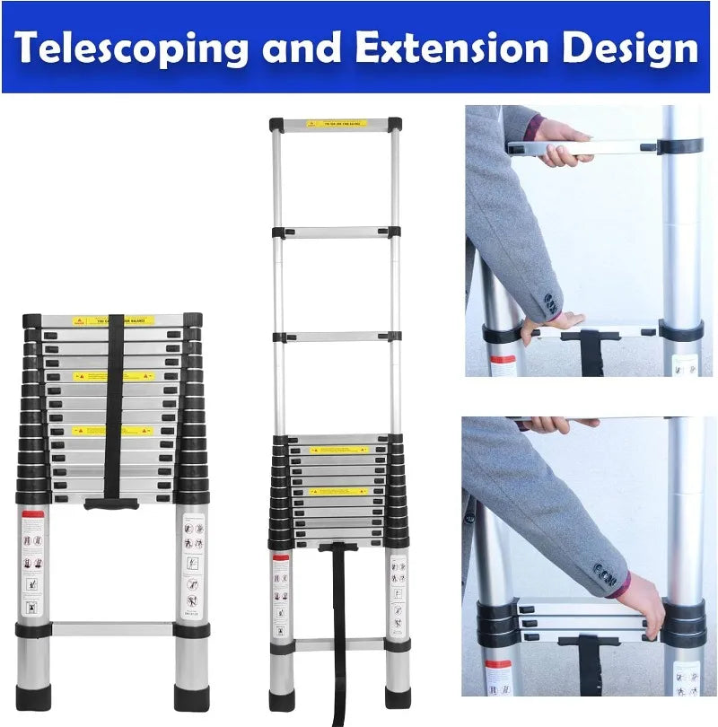 Telescoping Aluminum 20' Ladder with 2 Detachable Hooks, Anti-Slip Rubber Feet