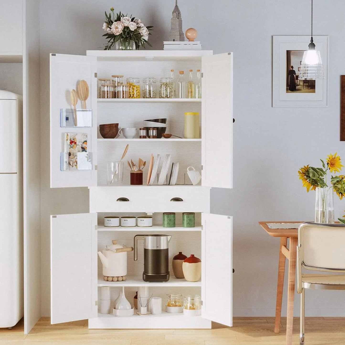 Kitchen Pantry Storage Cabinet 72", with Barn Style Doors, Drawer, 3 Adjustable Shelves, Freestanding Cupboard, White