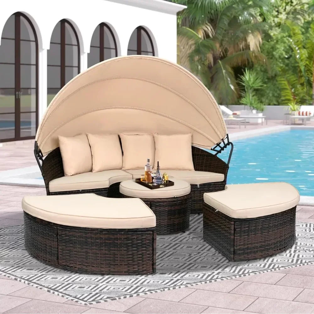 Outdoor Terrace Canopy Bed with Retractable Canopy & Washable Thick Cushions, Clamshell Shaped Segmented Seats