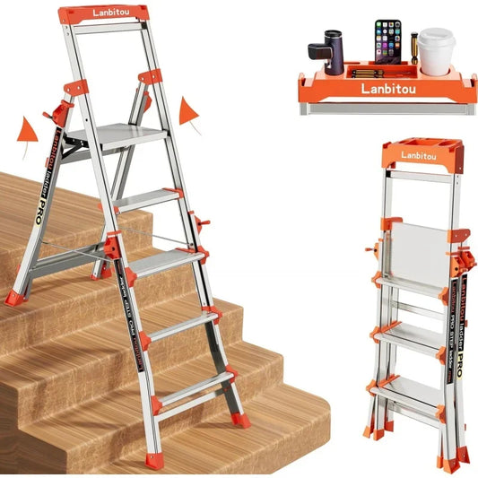 Aluminum 5 Step Ladder with Handrails, Anti-Slip Wide Pedal, Tool Platform, Telescoping, Foldable