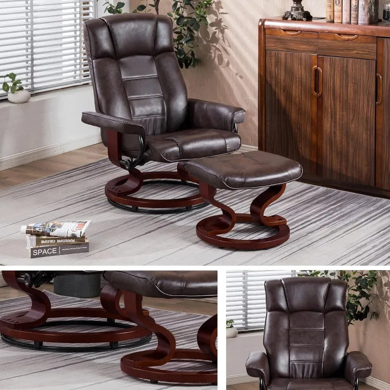 Faux Leather Recliner & Ottoman with Multi-Position Adjustable Back, Streamlined Design Wooden Frame & Ball-Bearing Swivel Base