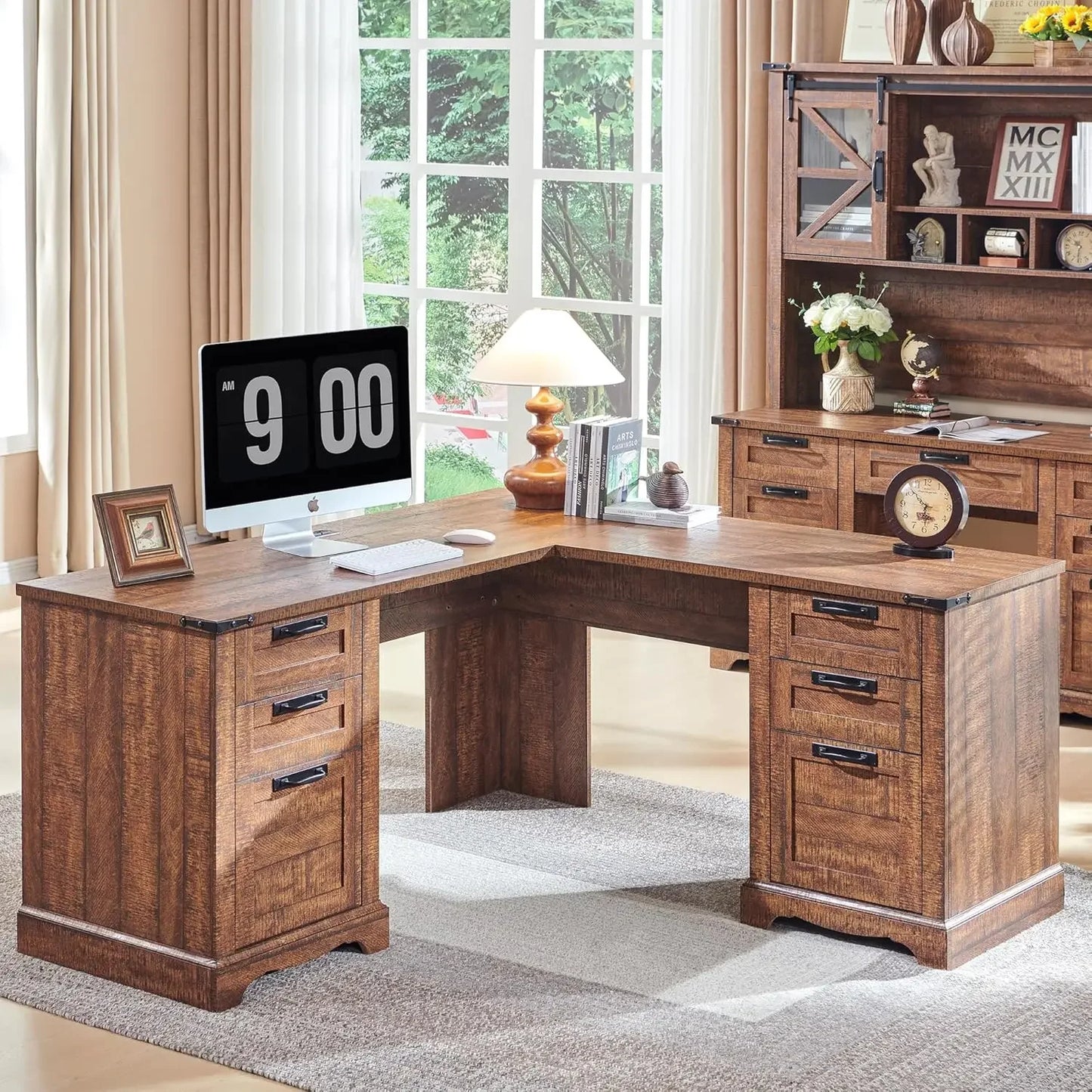 Wood Home Office Corner Desk 60" with 3 Standard Drawers, Letter Size File Drawer, Storage Cabinet, 2 USB Ports & 2 Outlets