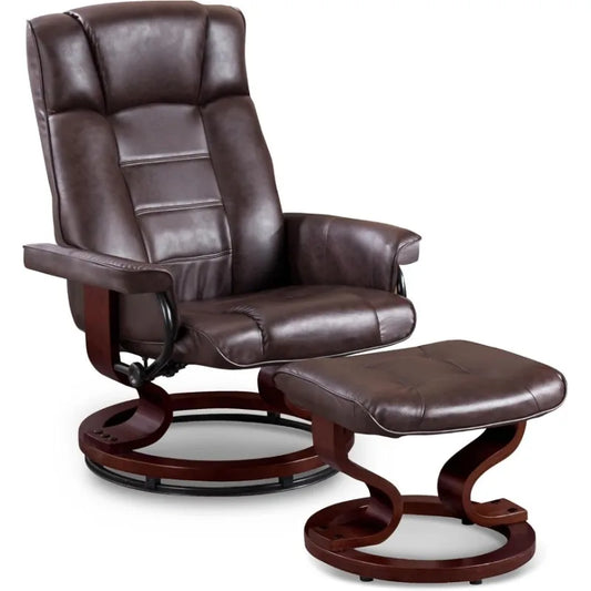 Faux Leather Recliner & Ottoman with Multi-Position Adjustable Back, Streamlined Design Wooden Frame & Ball-Bearing Swivel Base